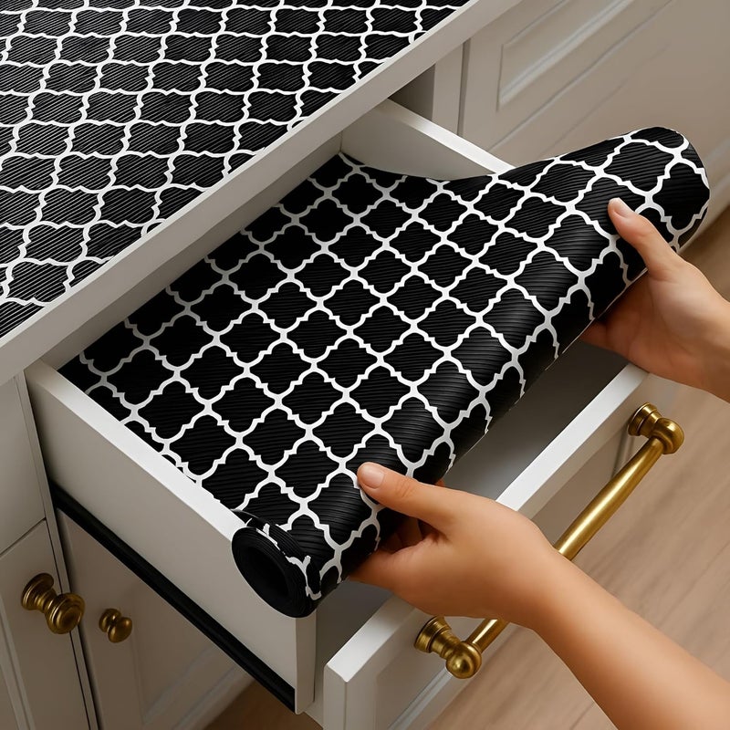 SUBETE Anti-Slip Waterproof Kitchen Drawer Liner | Non-Adhesive Shelf & Cabinet Mats | Anti-Skid Liner for Wardrobe, Cupboard, and Fridge | 45 cm x 300 cm (Black Pattern) - Image 1