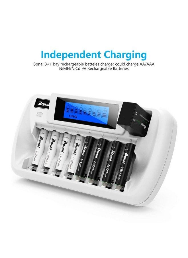 8+1 Bay Aa Battery Charger With Lcd Display For Rechargeable Aa Aaa Nimh Nicd 9V Batteries