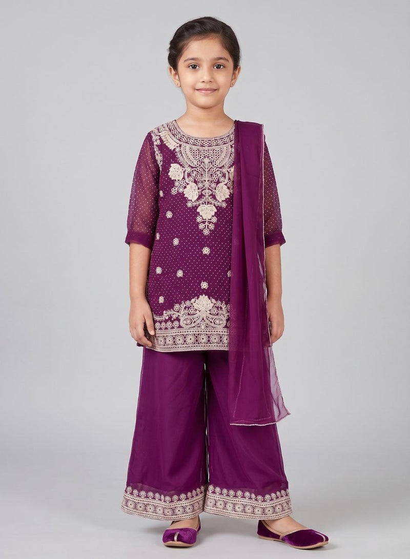 babyqlo طقم كورتا بالازو مزخرف للفتيات باللون الأرجواني - Image 1