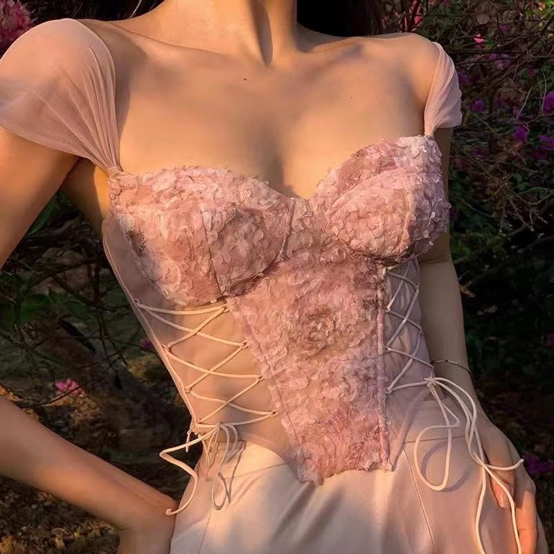 ICW Women’s Lace Corset Style Women Top with Tie-Up Detail DN1880 (IN, Alpha, XS, Regular, PINK) - Image 4