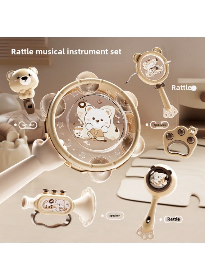 Puzzle Early Education Percussion Instrument Tambourine Enlightenment Infants Can Bite Hand Rattle Children's Tooth Gel Toys Hand Drum-Color:Brown Cute Bear-music Enlightenment Four-piece Set (color Box Packaging)  - Image 2