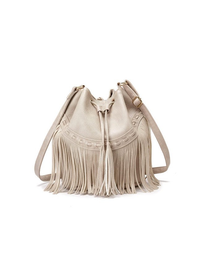 Gladdon Leather Bucket Bags For Women Crossbody Fringe Purses With Drawstring Ladies Tassel Hobo And Shoulder Handbags White - Image 1