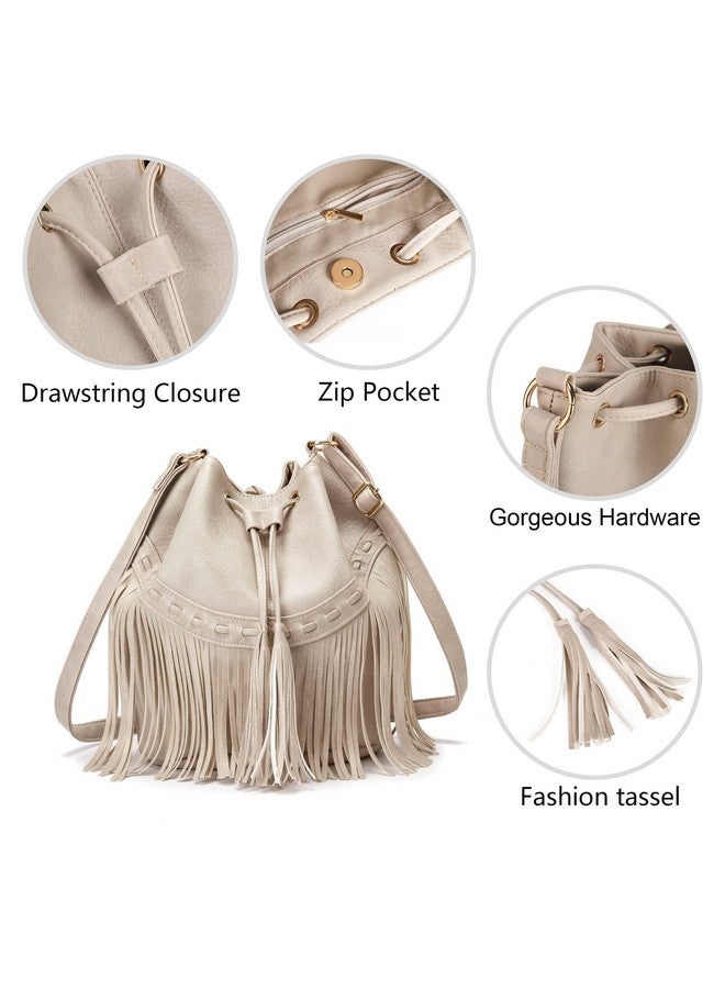 Gladdon Leather Bucket Bags For Women Crossbody Fringe Purses With Drawstring Ladies Tassel Hobo And Shoulder Handbags White - Image 5