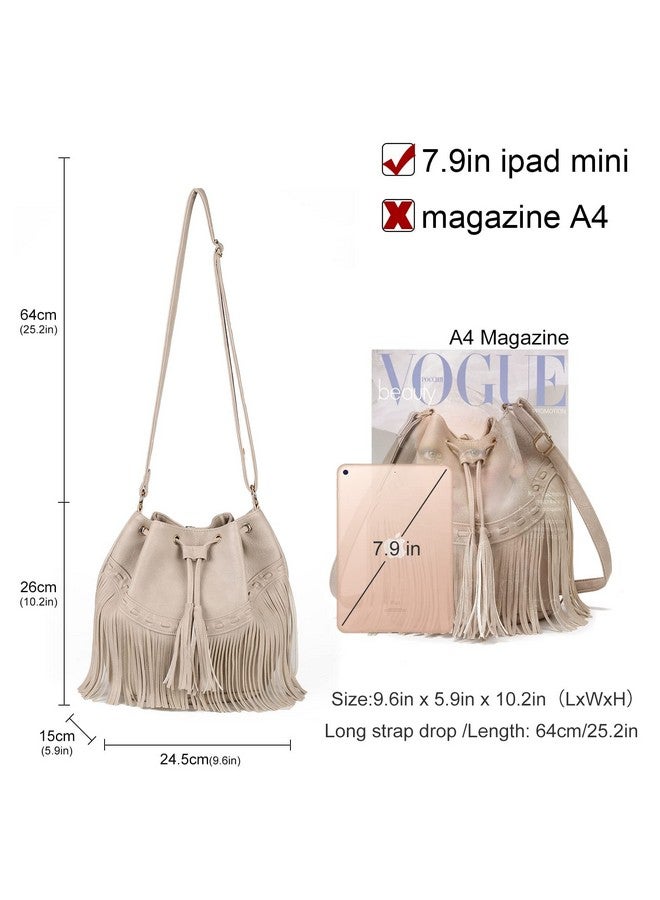 Gladdon Leather Bucket Bags For Women Crossbody Fringe Purses With Drawstring Ladies Tassel Hobo And Shoulder Handbags White - Image 3