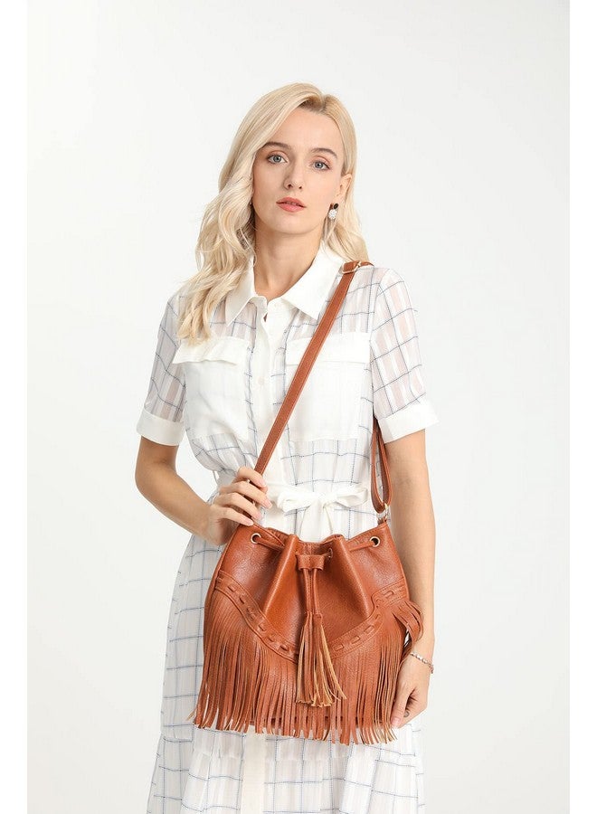 Gladdon Leather Bucket Bags For Women Crossbody Fringe Purses With Drawstring Ladies Tassel Hobo And Shoulder Handbags White - Image 2