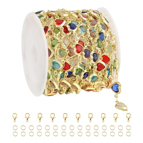 UMAOKANG 3 Meters Colorful Glass Bead Chain for Jewelry Making 18K Gold Plated Brass Chains Bulk Heart Chain for Women Necklace DIY Jewelry Making Chain - Image 1