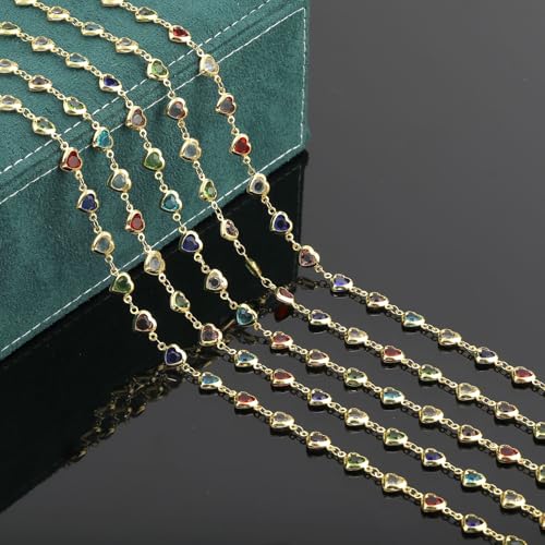 UMAOKANG 3 Meters Colorful Glass Bead Chain for Jewelry Making 18K Gold Plated Brass Chains Bulk Heart Chain for Women Necklace DIY Jewelry Making Chain - Image 4