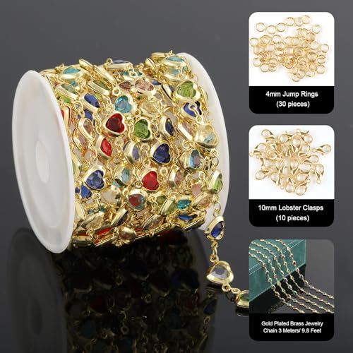 UMAOKANG 3 Meters Colorful Glass Bead Chain for Jewelry Making 18K Gold Plated Brass Chains Bulk Heart Chain for Women Necklace DIY Jewelry Making Chain - Image 2