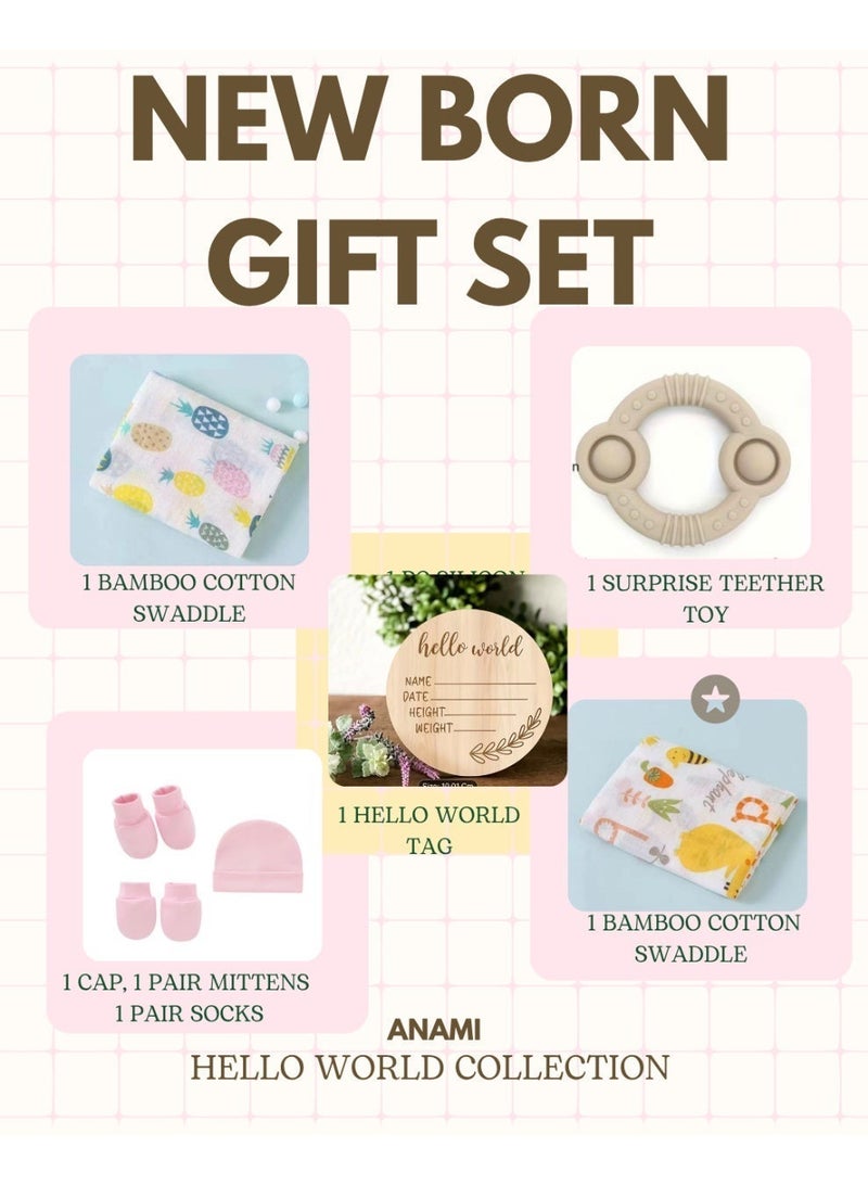 Anami A beautifully curated newborn gift set 'Pink' from Anami’s Hello World Collection, featuring a bamboo‑cotton swaddle, silicone teether toy, wooden Hello World announcement tag, and matching cap, mittens, and socks. Soft, safe, and perfect for gifting newborns. - Image 1