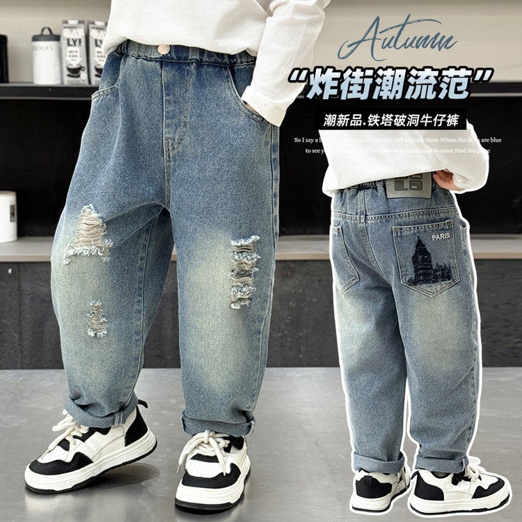 Boys' Tower Ripped Jeans Small Children'S Handsome Trendy Pants Boys Casual Pants - Image 2