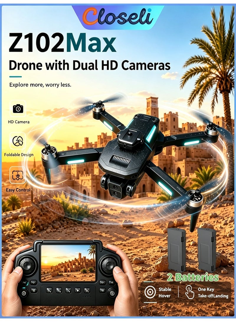 Closeli Z102 Max Drone with Dual HD Cameras, FPV Drone, RC Quadcopter, Rechargeable Controller, 360° Flips, Brushless Motor, Intelligent Obstacle Avoidance, Optical Flow Hovering, 3 Speed Modes, One-Key Takeoff/Landing, Foldable Design, Long Flight Time, App Control (2 Batteries) - Image 1