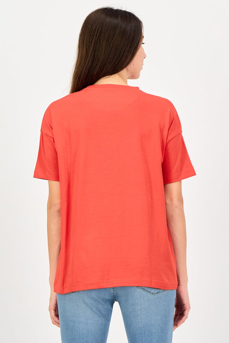 Lyle & Scott Women Oversize Crew Neck Short Sleeve Embroidered Logo T-Shirt, Red - Image 4