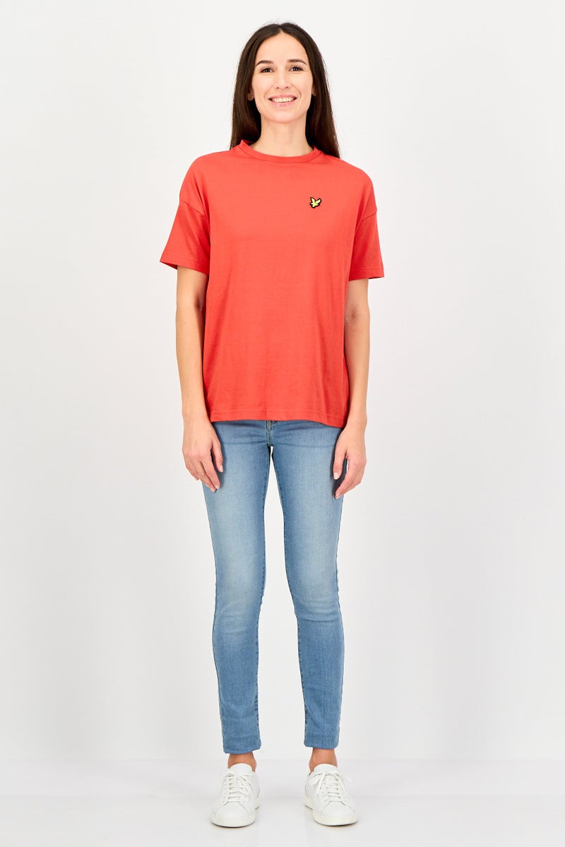 Lyle & Scott Women Oversize Crew Neck Short Sleeve Embroidered Logo T-Shirt, Red - Image 2