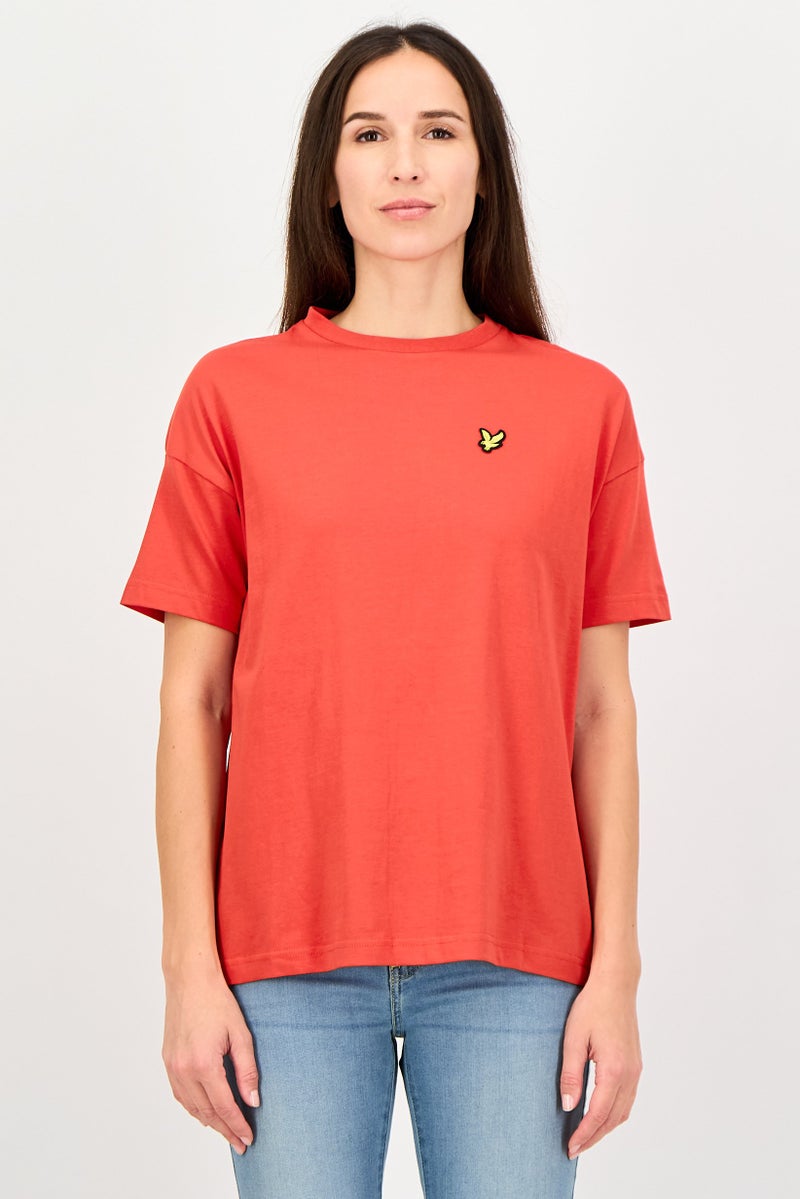 Lyle & Scott Women Oversize Crew Neck Short Sleeve Embroidered Logo T-Shirt, Red - Image 1