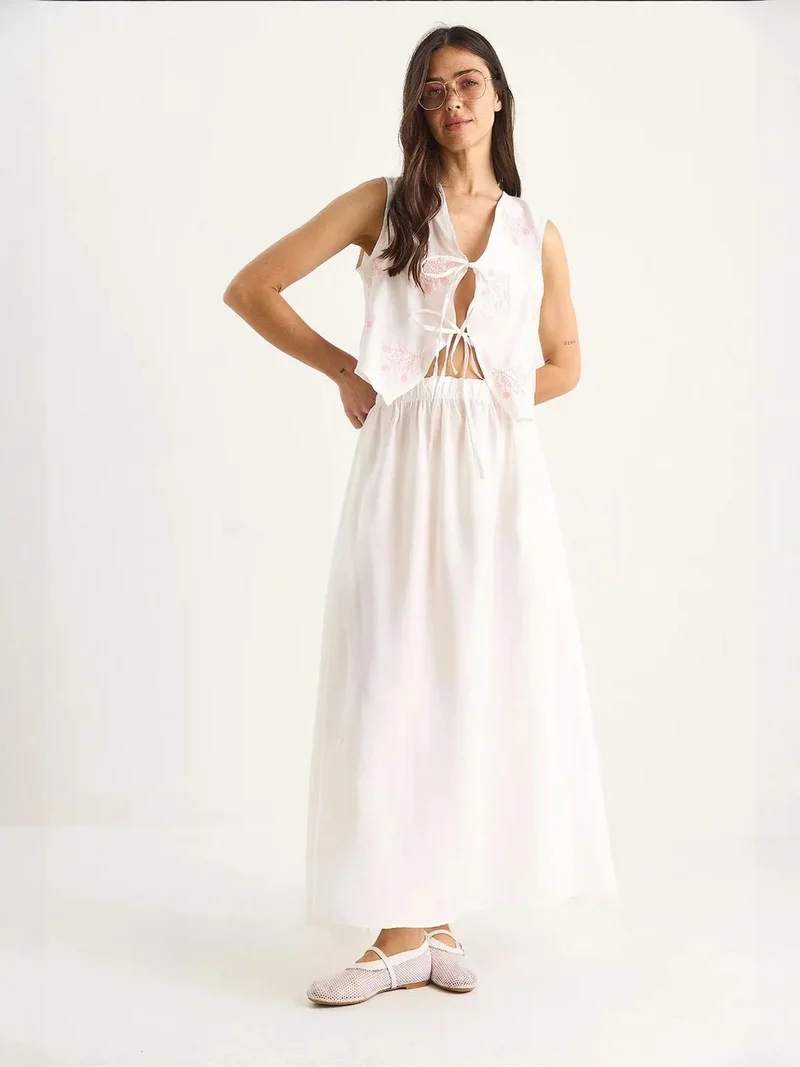 Bianco Lucci Ivory Natural LUCCI Tie Closure Blouse-Skirt Co-ords for Women | Best Price UAE