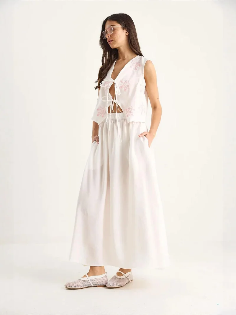 Bianco Lucci Ivory Natural LUCCI Tie Closure Blouse-Skirt Co-ords for Women | Best Price UAE