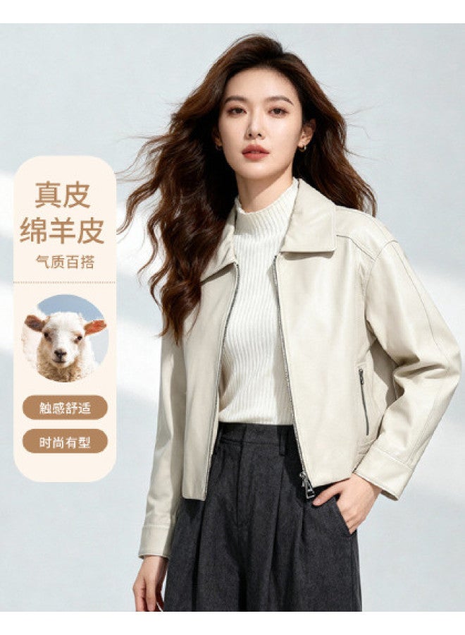 Fapai Women's Leather Jacket Genuine Leather Fashion Loose Drop Shoulder Slimming Lapel Long Sleeve Short Leather Jacket For Women - Image 1