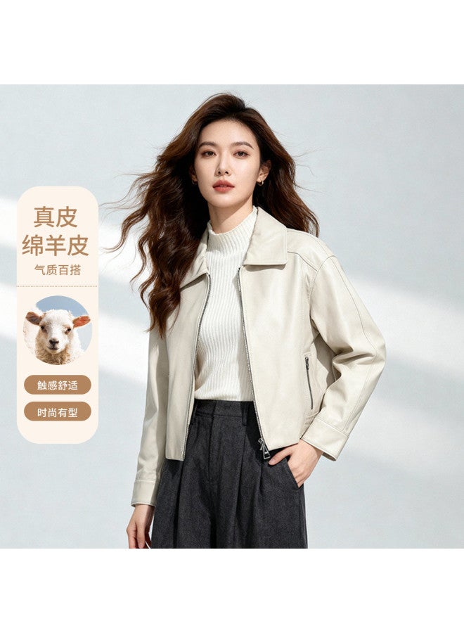 Fapai Women's Leather Jacket Genuine Leather Fashion Loose Drop Shoulder Slimming Lapel Long Sleeve Short Leather Jacket For Women - Image 2