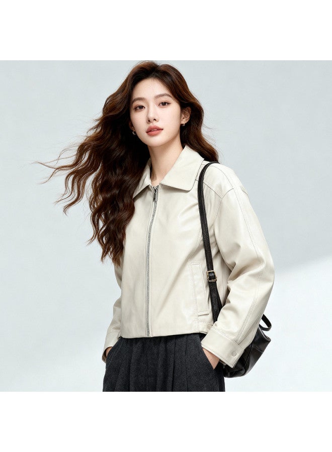 Fapai Women's Leather Jacket Genuine Leather Fashion Loose Drop Shoulder Slimming Lapel Long Sleeve Short Leather Jacket For Women - Image 4