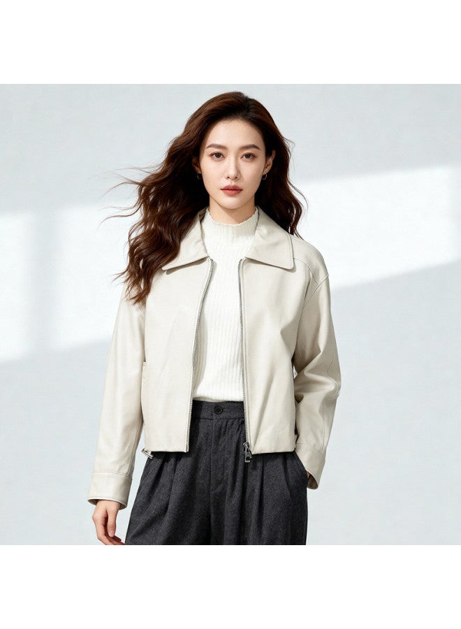 Fapai Women's Leather Jacket Genuine Leather Fashion Loose Drop Shoulder Slimming Lapel Long Sleeve Short Leather Jacket For Women - Image 3