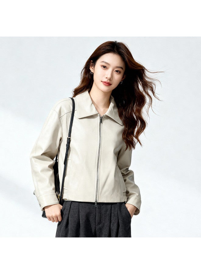 Fapai Women's Leather Jacket Genuine Leather Fashion Loose Drop Shoulder Slimming Lapel Long Sleeve Short Leather Jacket For Women - Image 5