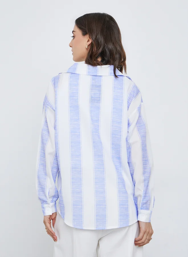 Take Two Take Two Women Striped Long Sleeve Oversized Shirt with Pocket Detail