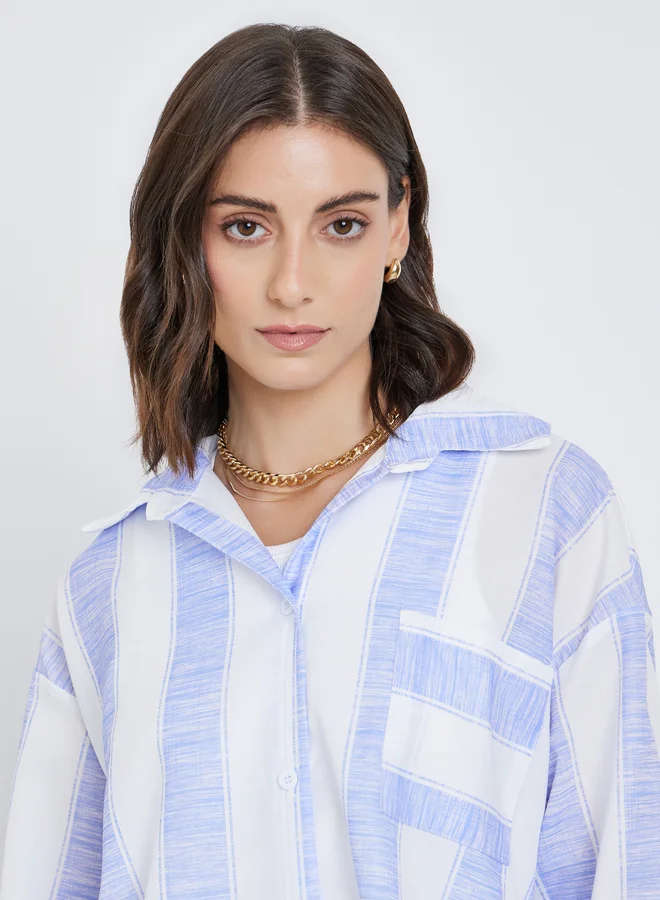 Take Two Take Two Women Striped Long Sleeve Oversized Shirt with Pocket Detail