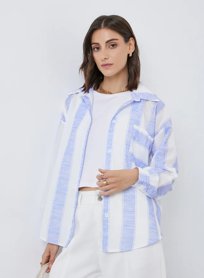 Take Two Take Two Women Striped Long Sleeve Oversized Shirt with Pocket Detail