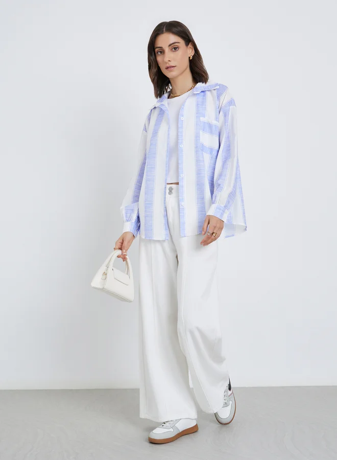 Take Two Take Two Women Striped Long Sleeve Oversized Shirt with Pocket Detail