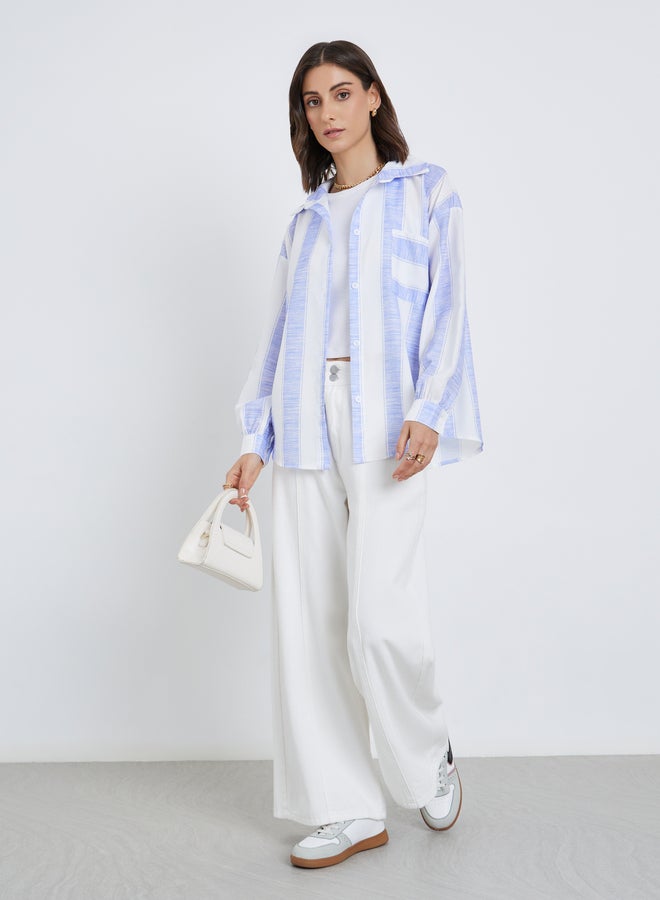 تايك تو قميص نسائي مخطط بأكمام طويلة مقاس كبير مع تفاصيل جيب - Image 3