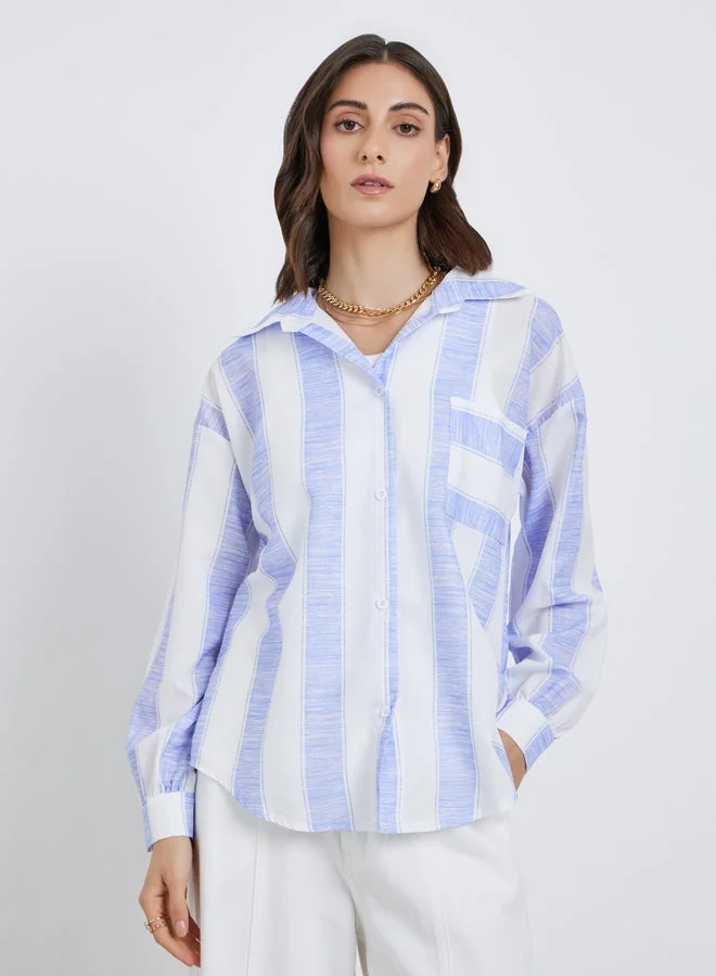 Take Two Women Striped Long Sleeve Oversized Shirt with Pocket Detail