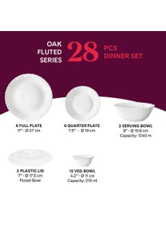 LARAH BY BOROSIL Larah by Borosil Oak Fluted Series Opalware Dinner Set | 28 Pieces for Family of 6 | Microwave & Dishwasher Safe | Bone-Ash Free | Crockery Set for Dining & Gifting | Plates & Bowls | White  - Image 2