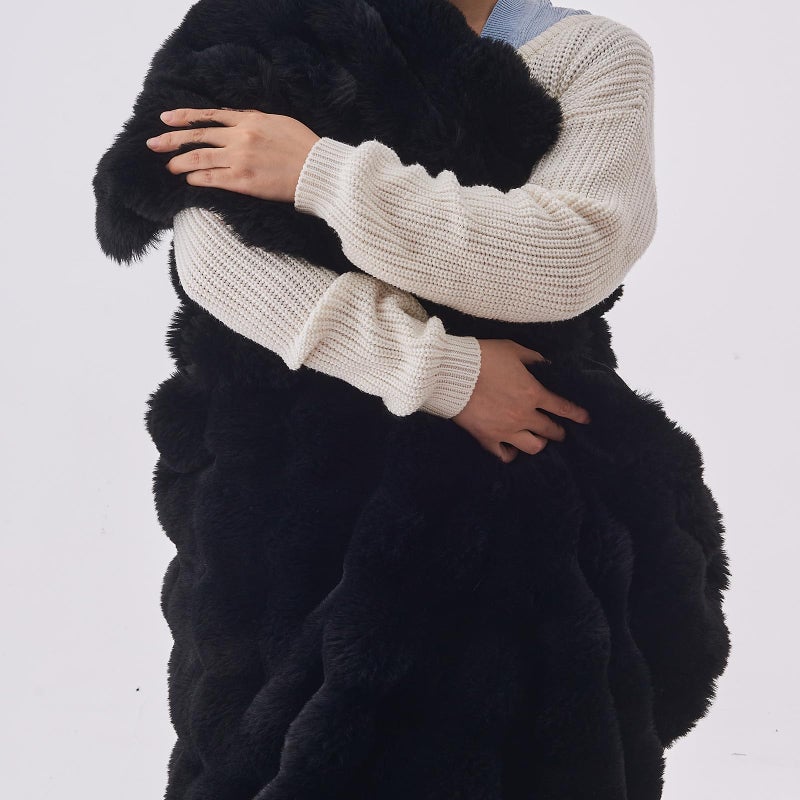 Lotus Karen Lotus Karen Queen Size Faux Fur Blanket Black - Big Bubble Rabbit Fluff Blanket for Bed  Large Fluffy Fuzzy Cozy Blanket  Thick Furry Plush Shaggy Blankets  90x90 Inches  - Image 5