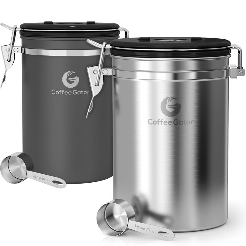 Coffee Canister  Coffee Gator Stainless Steel Coffee Container  Fresher Beans and Grounds for Longer  DateTracker CO2Release Valve and Measuring Scoop  2Pack SilverGray