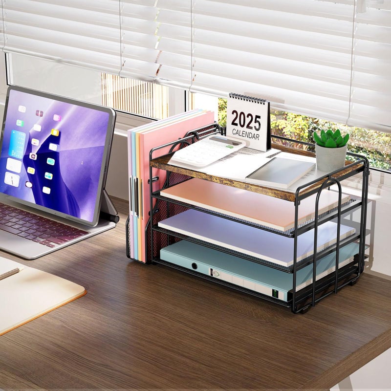 gianotter 4-Tier Paper Organizer With Magazine Holder, Desk Organizers and Accessories, Desk Accessories & Workspace Organizers, File Organizer for Office Supplies Storag (Wood, 4-Tier) - Image 3