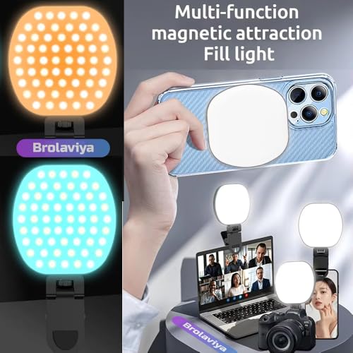 BROLAVIYA Magnetic Full RGB Color LED Video Light, 1800mAh Rechargeable, Adjustable Brightness, with Clip and ¼ Thread, for Phones, Laptops, Cameras, Selfie, Photography, Video Conference, Black - Image 4