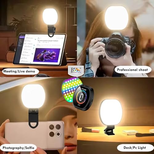BROLAVIYA Magnetic Full RGB Color LED Video Light, 1800mAh Rechargeable, Adjustable Brightness, with Clip and ¼ Thread, for Phones, Laptops, Cameras, Selfie, Photography, Video Conference, Black - Image 2