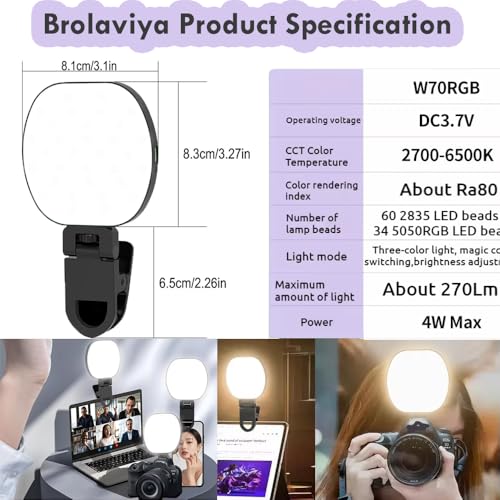 BROLAVIYA Magnetic Full RGB Color LED Video Light, 1800mAh Rechargeable, Adjustable Brightness, with Clip and ¼ Thread, for Phones, Laptops, Cameras, Selfie, Photography, Video Conference, Black - Image 5