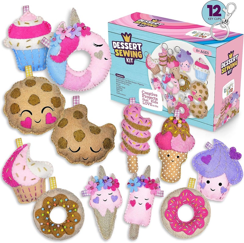 CRAFTILOO 12 Pre-Cut Mini Treats Dessert Fun Kids Sewing Kit for Kids Ages 8-12 Children Beginners Sewing kit Kid Crafts Make Your Own Felt Pillow Plush Craft Kit Girls and Boys Art Craft Kits Learn to Sew Kit - Image 1