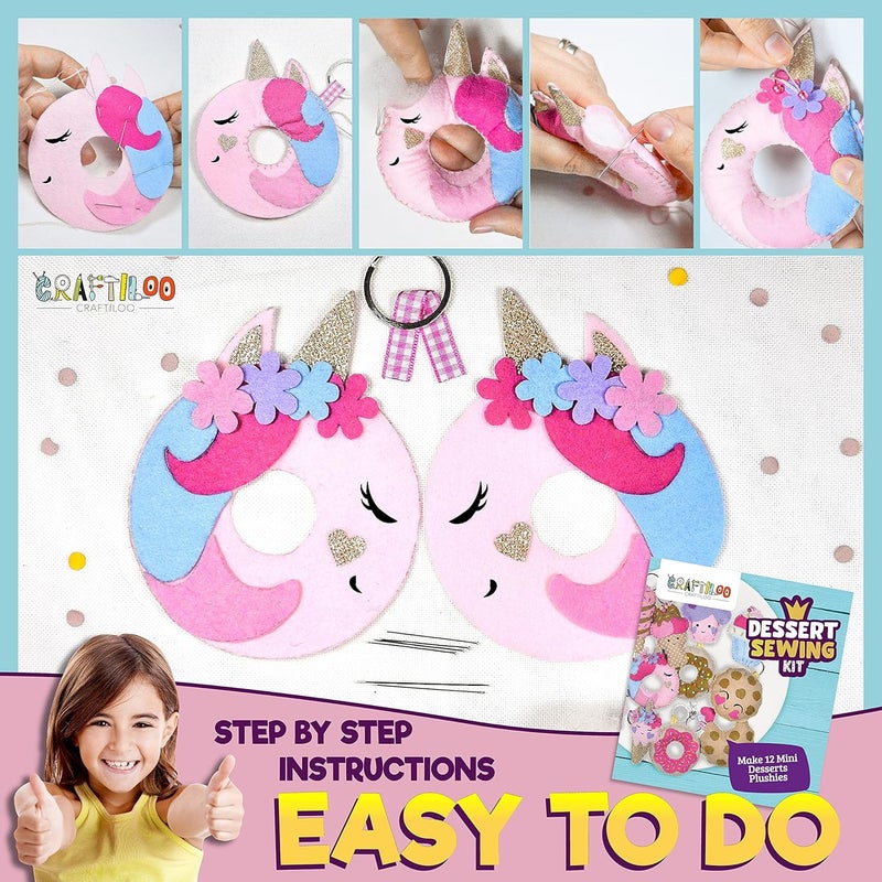 CRAFTILOO 12 Pre-Cut Mini Treats Dessert Fun Kids Sewing Kit for Kids Ages 8-12 Children Beginners Sewing kit Kid Crafts Make Your Own Felt Pillow Plush Craft Kit Girls and Boys Art Craft Kits Learn to Sew Kit - Image 3