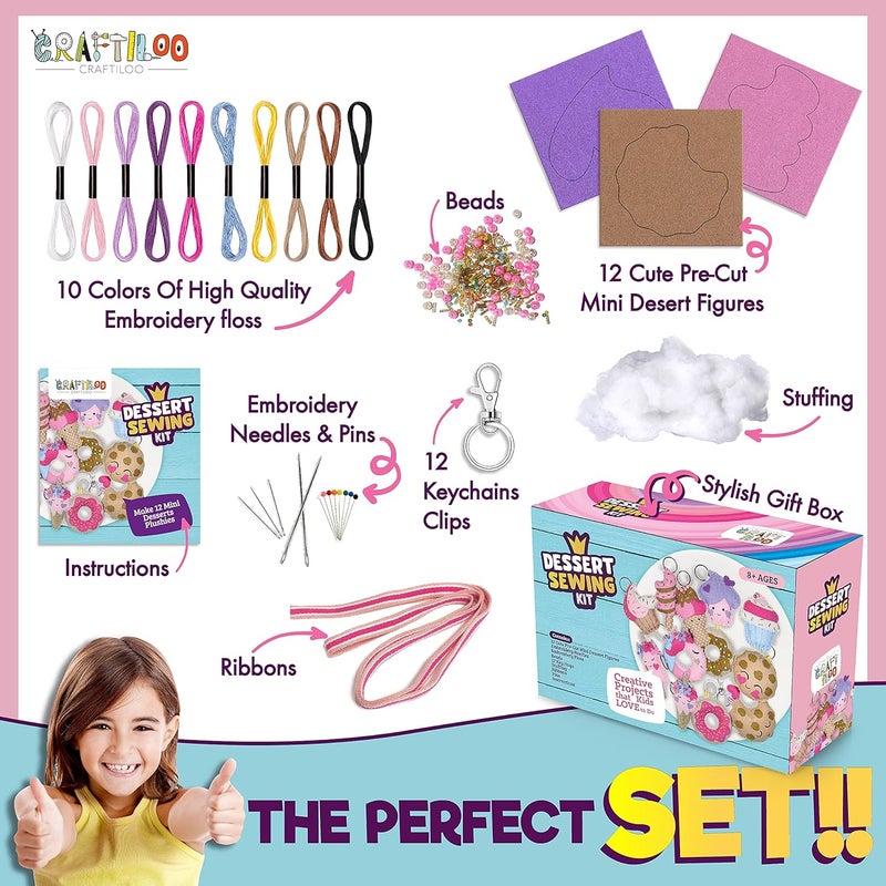 CRAFTILOO 12 Pre-Cut Mini Treats Dessert Fun Kids Sewing Kit for Kids Ages 8-12 Children Beginners Sewing kit Kid Crafts Make Your Own Felt Pillow Plush Craft Kit Girls and Boys Art Craft Kits Learn to Sew Kit - Image 2