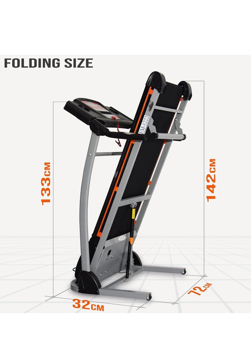 Powerful 4 HP Peak Motor Treadmill, Foldable Running Machine with 43cm Wide Belt, Built-in MP3 Speaker, LCD for Speed/Calories/Heart Rate, Manual Incline, Quiet Motor, Portable Home Fitness Equipment – EM-1222