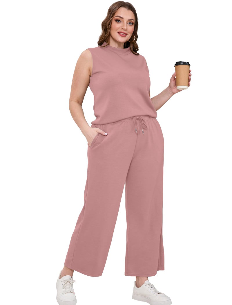 Sampeel Matching Sets Women Clothing 2 Piece Sets Summer Casual Mock Neck Lounge Sets Sleeveless Wide Leg Pants Vacation Outfits Sweat Set - Image 4