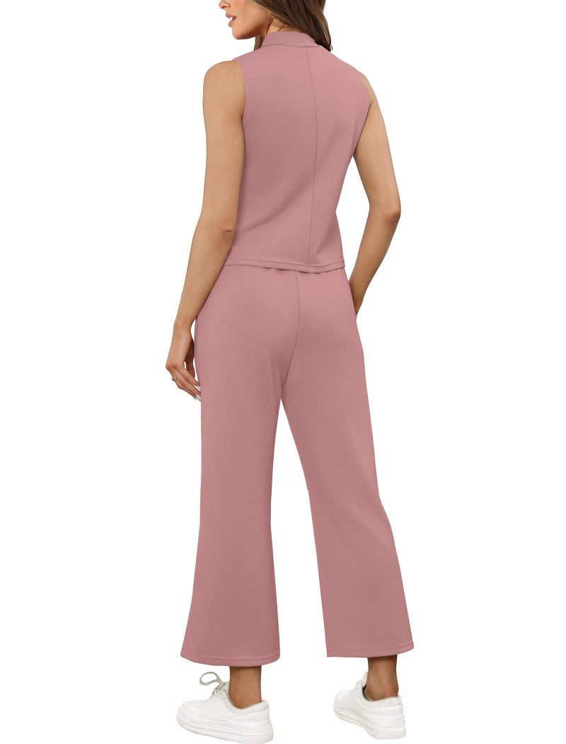 Sampeel Matching Sets Women Clothing 2 Piece Sets Summer Casual Mock Neck Lounge Sets Sleeveless Wide Leg Pants Vacation Outfits Sweat Set - Image 5