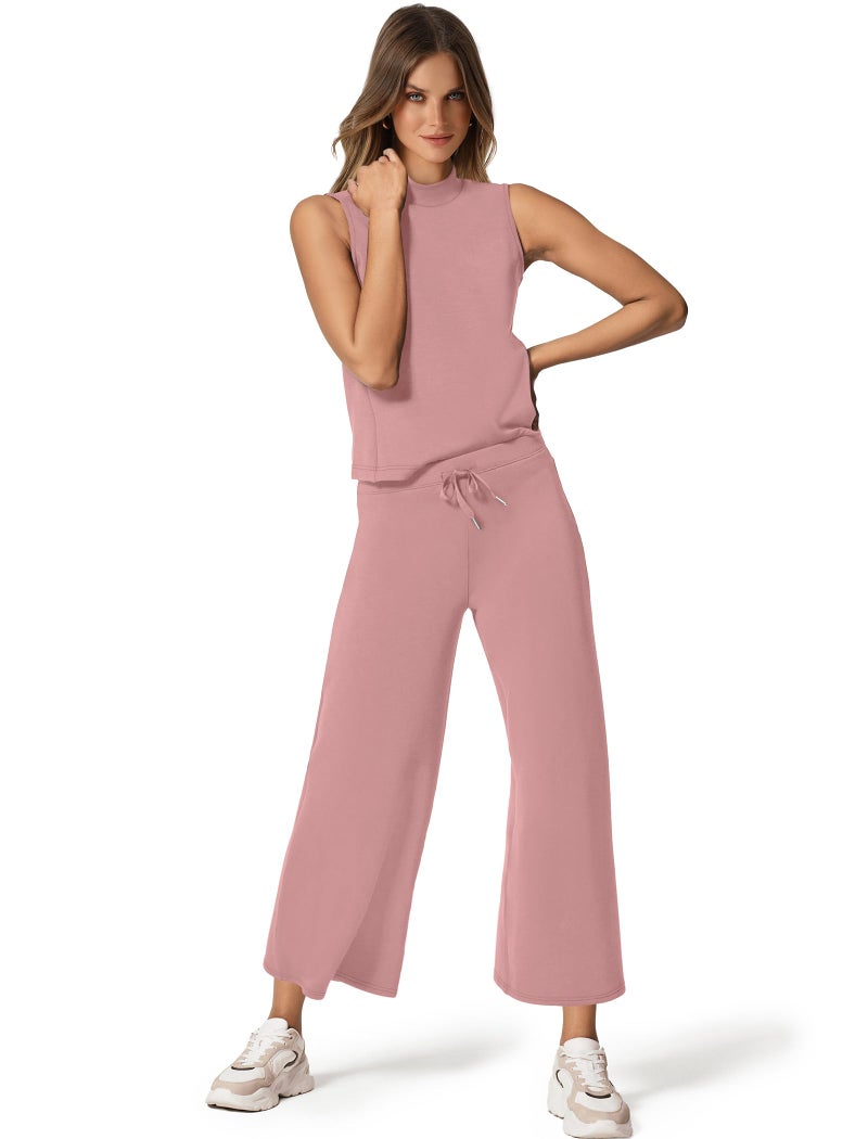 Sampeel Matching Sets Women Clothing 2 Piece Sets Summer Casual Mock Neck Lounge Sets Sleeveless Wide Leg Pants Vacation Outfits Sweat Set - Image 2