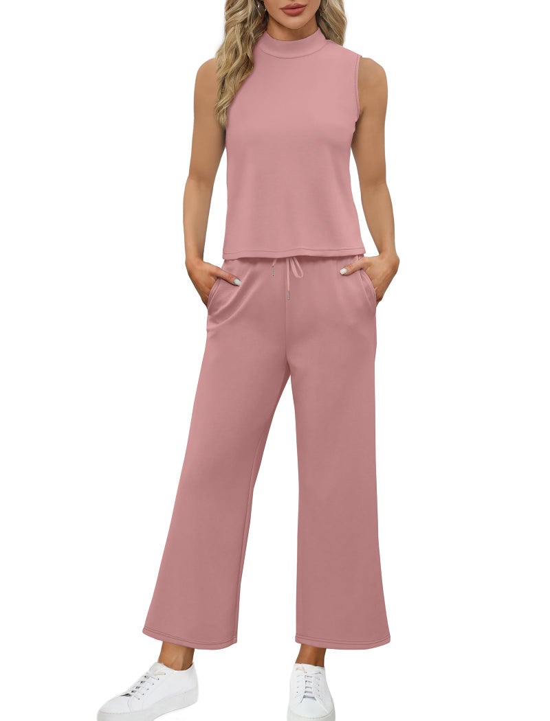 Sampeel Matching Sets Women Clothing 2 Piece Sets Summer Casual Mock Neck Lounge Sets Sleeveless Wide Leg Pants Vacation Outfits Sweat Set - Image 3