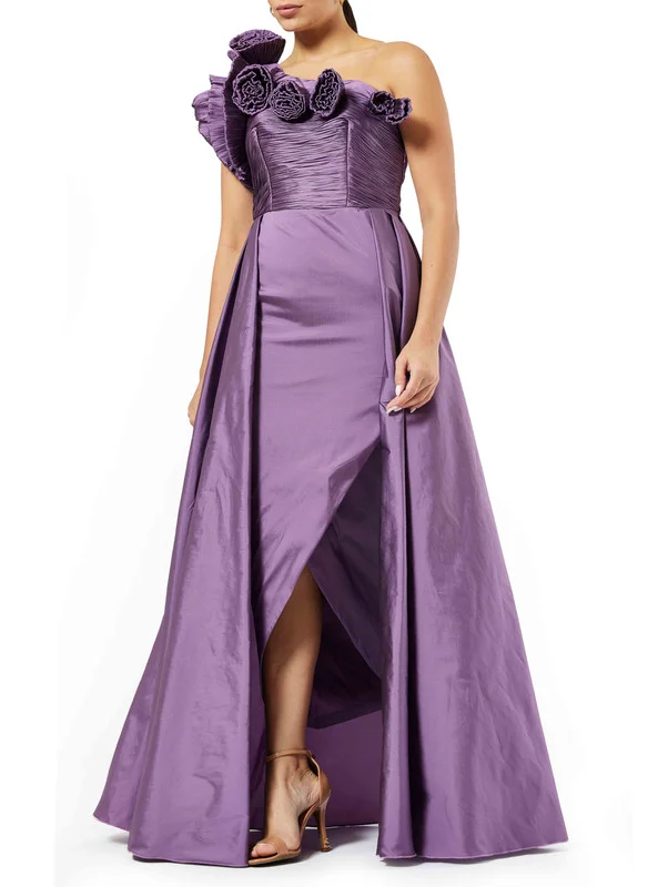 Amri Iridescent Taffeta One-Shoulder Gown with Floral Appliqué