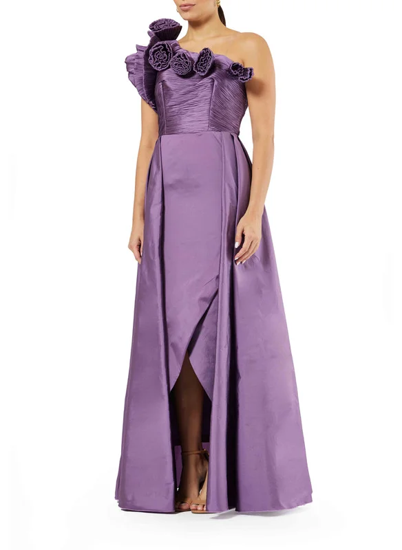 Amri Iridescent Taffeta One-Shoulder Gown with Floral Appliqué
