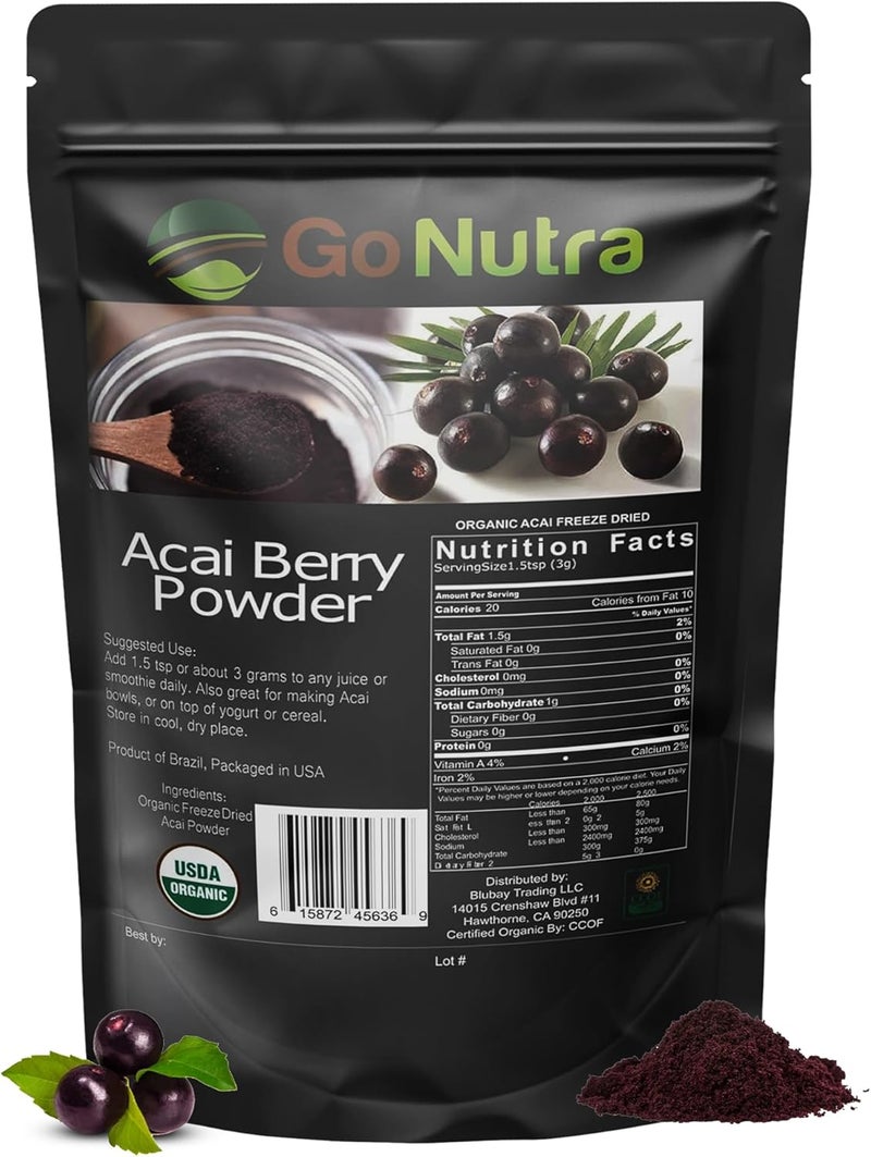 Go Nutra Organic Freeze Dried Acai Berry Powder - 1 lb (16 oz) - 150 Servings from Brazil - Image 1