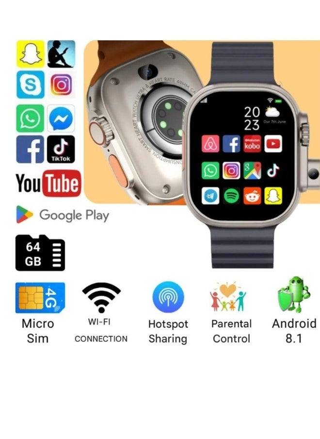 Generic - Smart Watch with SIM and Camera TikTok GPS Tracking 4g Bluetooth5.0+5.0 Call Photograph Heart Rate Monitor Wireless Charging cable, 3 Pairs Bands (Black) - Image 1